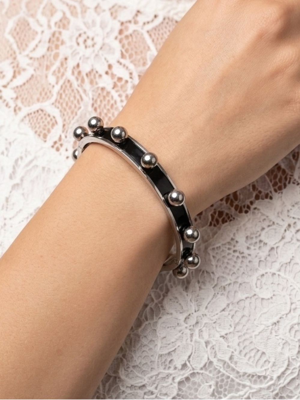 Cosmopolitan Black Enamel Cuff Bracelet | Silver Ball Beaded Edge Bangle